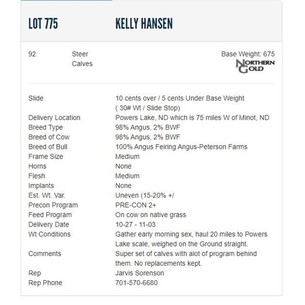 Kelly Hansen - 92 Steers; Base Weight: 675