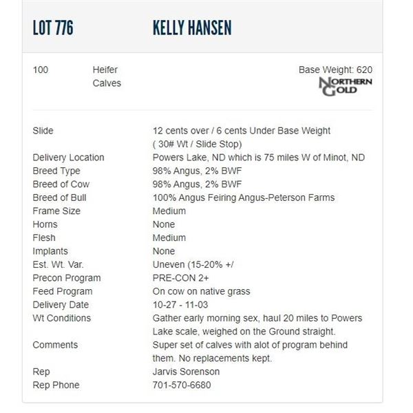 Kelly Hansen - 100 Heifers; Base Weight: 620