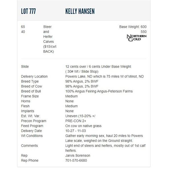 Kelly Hansen - 65/40 Steers/Heifers; Base Weight: 600/550
