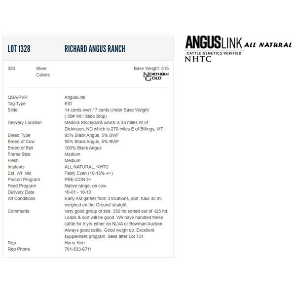 Richard Angus Ranch - 350 Steers; Base Weight: 515