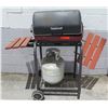 Image 1 : MECO Covered Gas BBQ Grill w/ Cart, Wood Side Shelves & Propane Tank