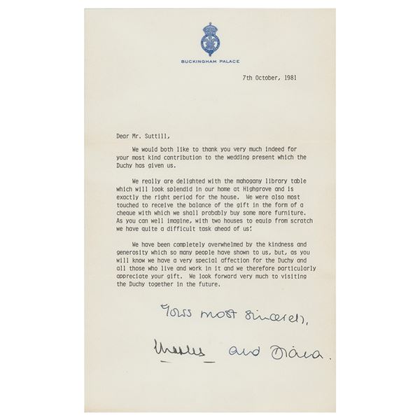Princess Diana and Prince Charles Typed Letter Signed