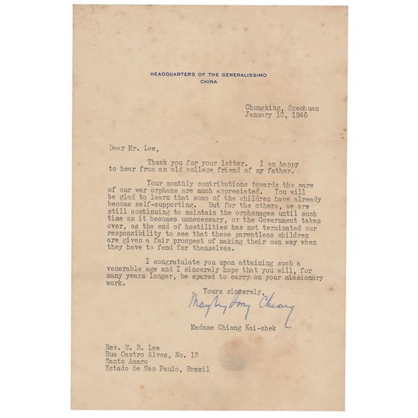 Madame Chiang Kai-shek Typed Letter Signed