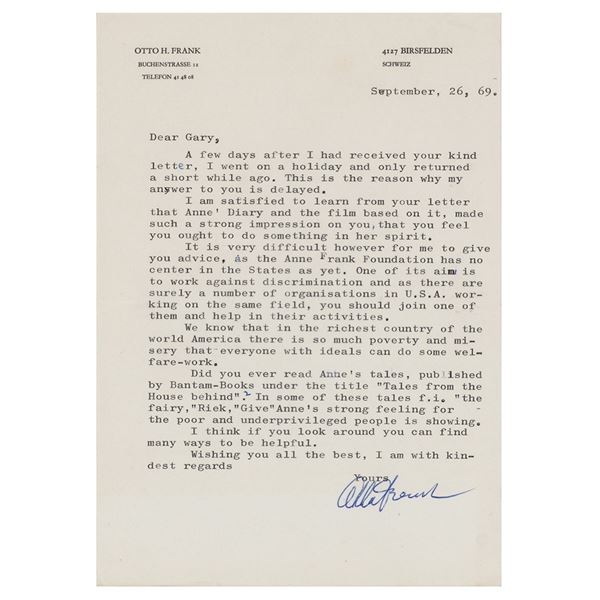 Otto Frank Typed Letter Signed