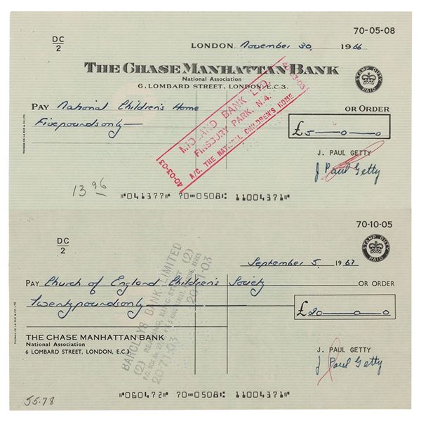 J. Paul Getty (2) Signed Checks