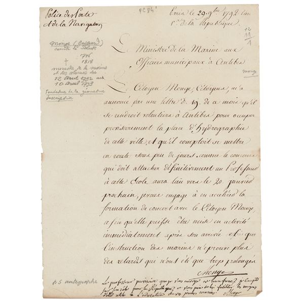 Gaspard Monge Letter Signed with Autograph Postscript