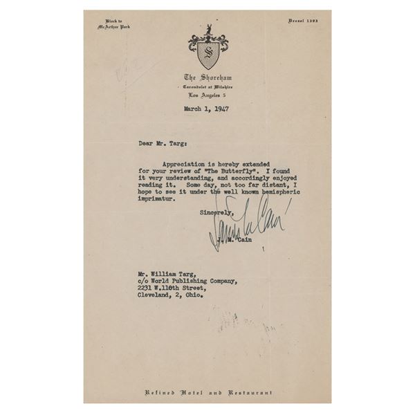 James M. Cain Typed Letter Signed