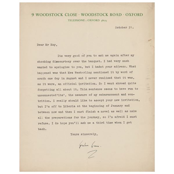 Graham Greene Typed Letter Signed