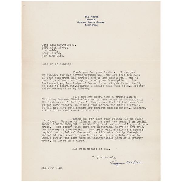 Eugene O'Neill Typed Letter Signed