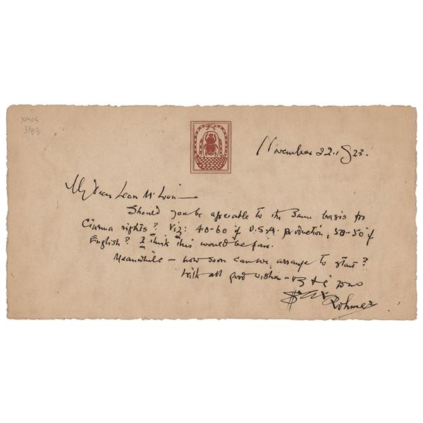 Sax Rohmer Autograph Letter Signed