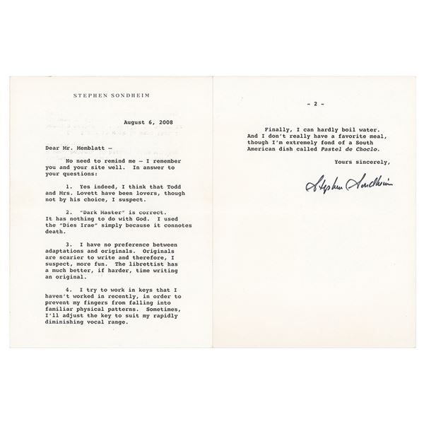 Stephen Sondheim Typed Letter Signed