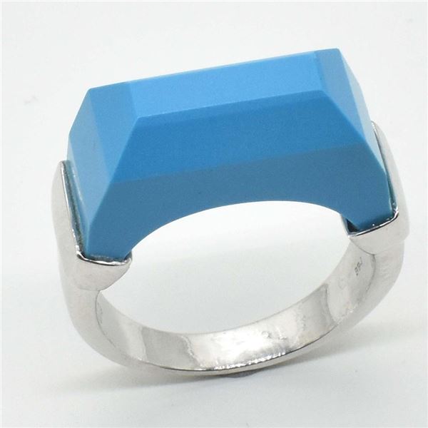 Silver Turquoise Man Made(12.6ct) Rhodium Plated Ring (~weight 6.45g)