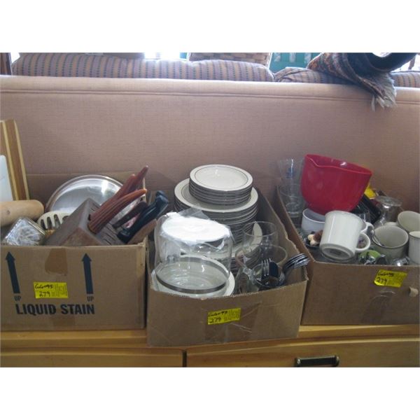 3 BOXES OF DISHWARE, KNIFE BLOCK WITH KNIVES, ETC.