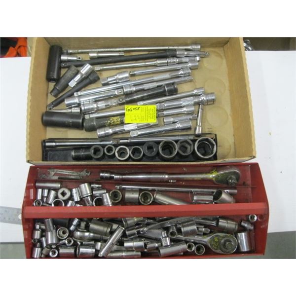BOX OF ASST. EXTENSIONS, SOCKETS, ETC. & A TRAY WITH RATCHETS, SOCKETS, ETC.