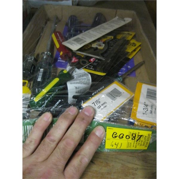 BOX OF NEW TOOLS, SCREWDRIVERS, ETC.