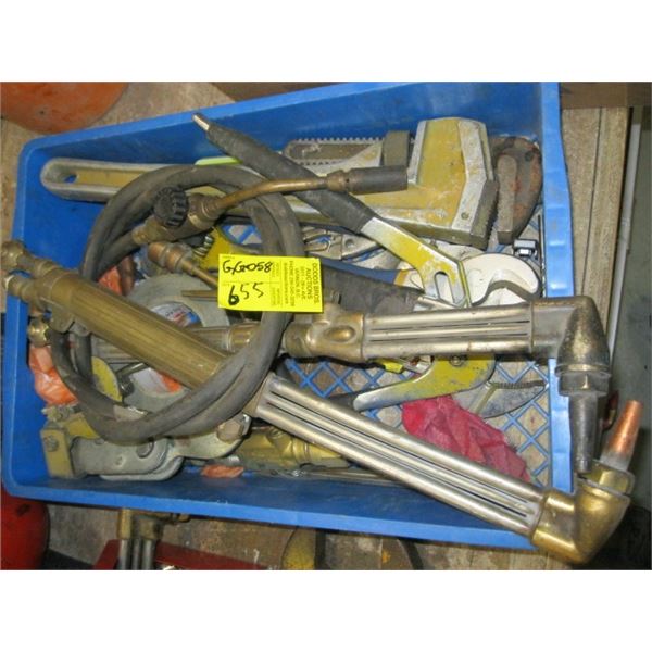 TUB OF MISC. CUTTING TORCH HEADS, PIPE WRENCH, ETC.