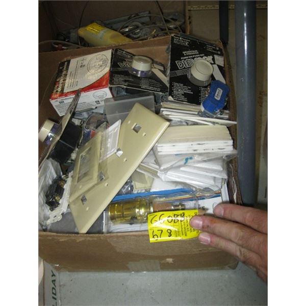 BOX OF ASST. ELECTRICAL DIMMER SWITCHES, SWITCH PLATES, ELECTRICAL, ETC.