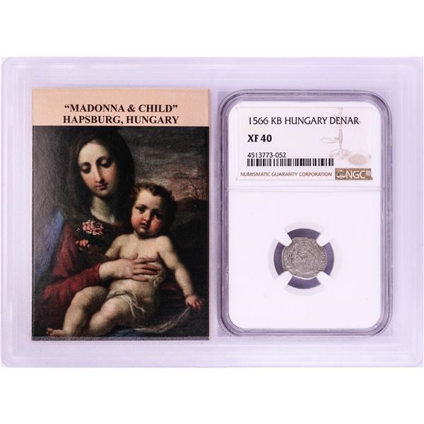1566 KB Hungary Denar 'Madonna and Child' Coin NGC XF40 w/ Story Box