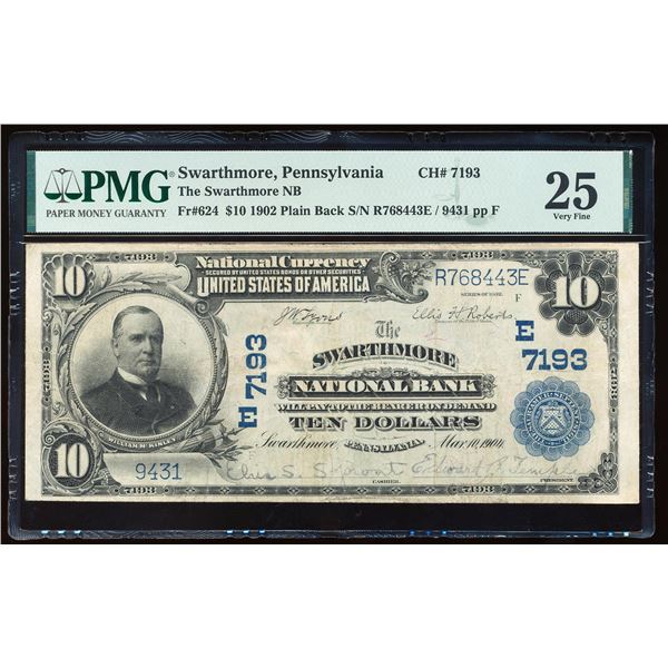 1902PB $10 Swarthmore NB, PA CH# 7193 National Currency Note PMG Very Fine 25