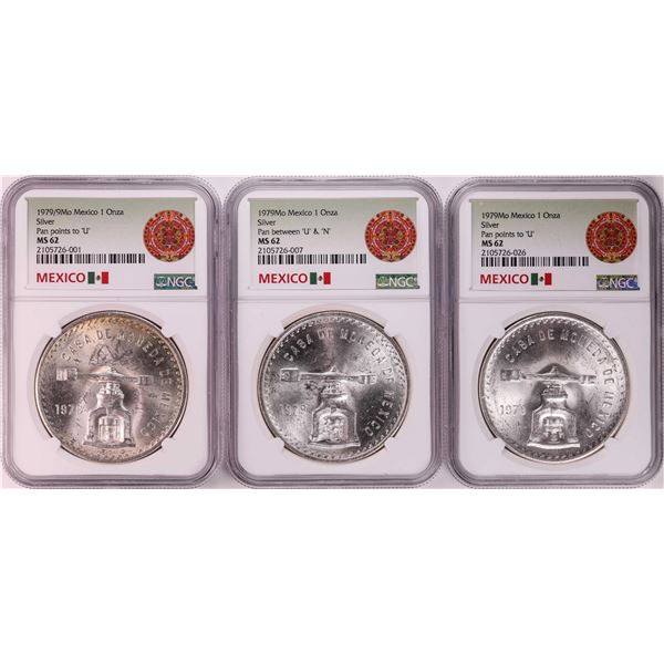 Lot of (3) 1979Mo Mexico 1 Onza Silver Coins NGC MS62