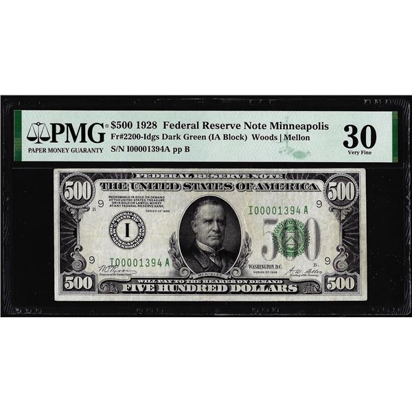 1928 $500 Federal Reserve Note Minneapolis Fr.2200-Idgs PMG Very Fine 30 Low Serial