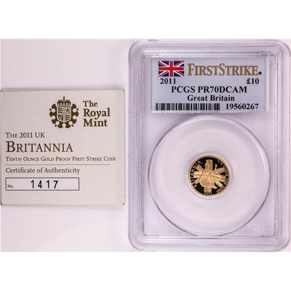 2011 Great Britain 10 Pounds Proof 1/10 oz Gold Coin PCGS PR70DCAM