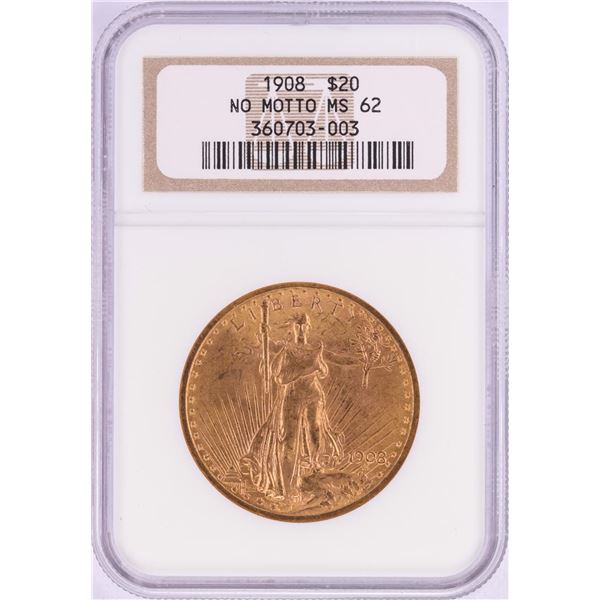 1908 No Motto $20 St. Gaudens Double Eagle Gold Coin NGC MS62