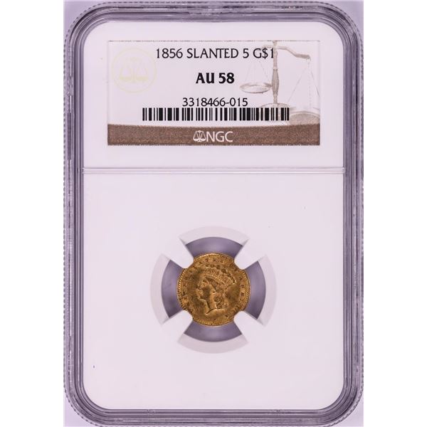 1856 Slanted 5 $1 Type 3 Indian Princess Head Gold Dollar Coin NGC AU58
