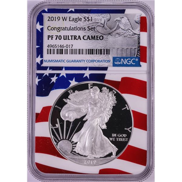 2019-W $1 Proof American Silver Eagle Coin NGC PF70 Ultra Cameo Congratulations Flag