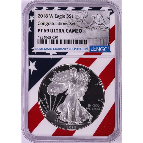 2018-W $1 Proof American Silver Eagle Coin NGC PF69 Ultra Cameo Congratulations Flag