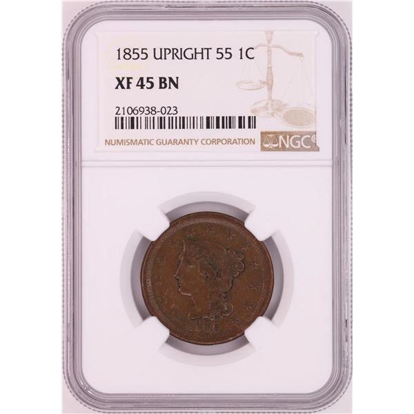1855 Upright 55 Braided Hair Large Cent Coin NGC XF45BN