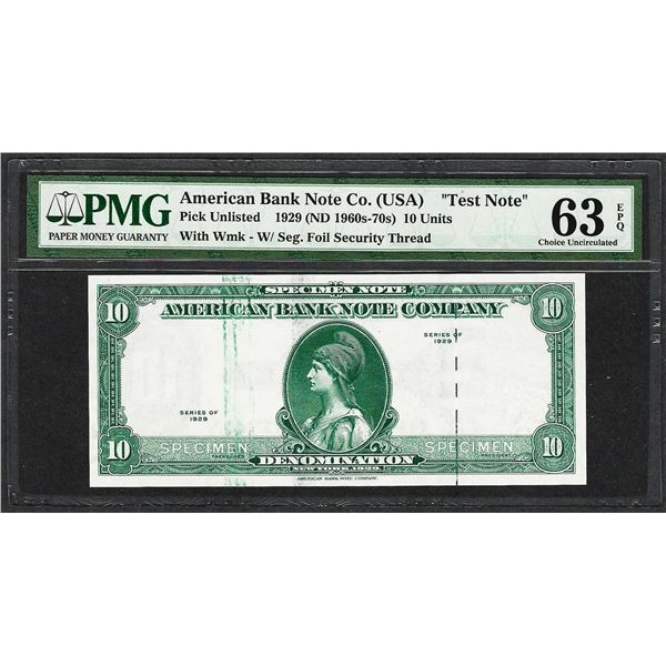 1929 10 Unit American Bank Note Co. "Test Note" PMG Choice Uncirculated 63EPQ