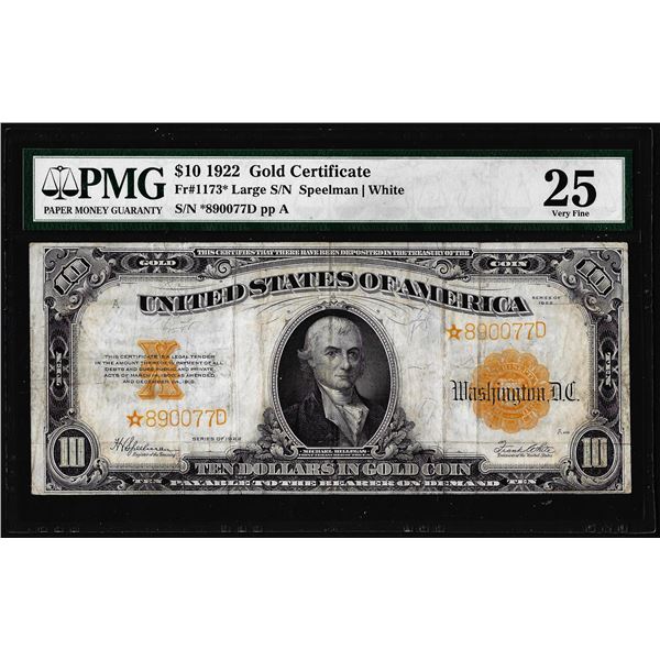 1922 $10 Gold Certificate STAR Note Fr.1173* Large S/N PMG Very Fine 25