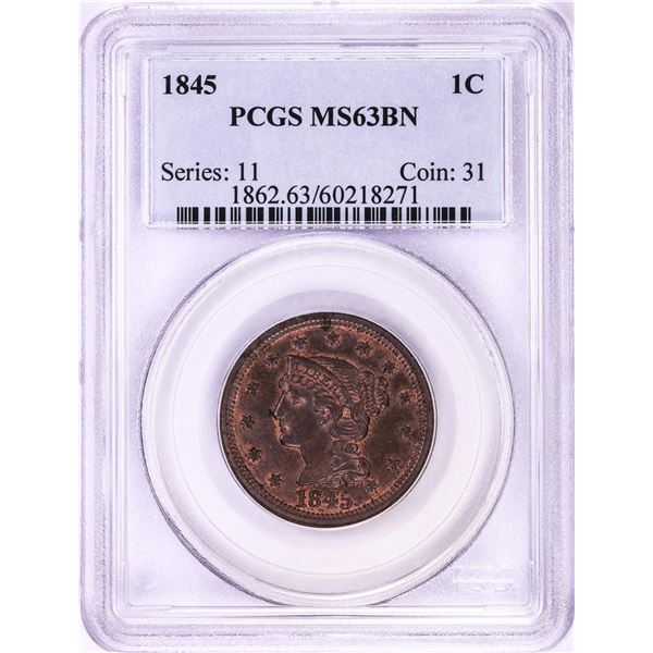 1845 Coronet Hair Large Cent Coin NGC MS63BN