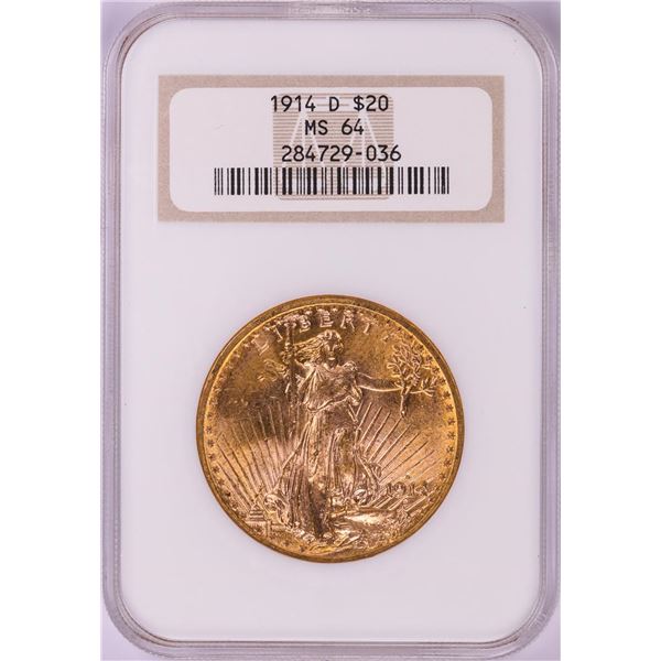 1914-D $20 St. Gaudens Double Eagle Gold Coin NGC MS64