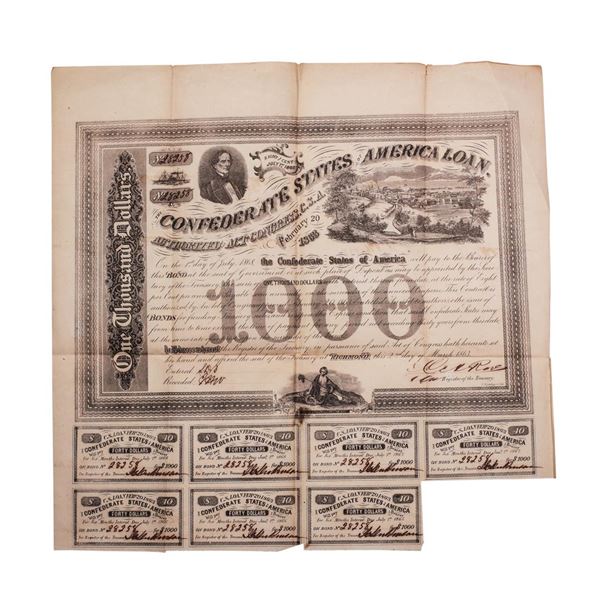 1863 $1,000 Confederate Bond Obsolete Sheet B-134