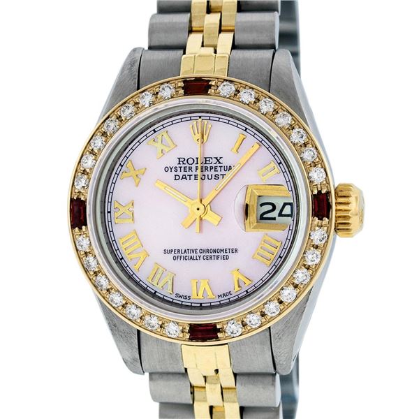 Rolex Ladies Two Tone Pink MOP Diamond & Ruby Oyster Perpetual Datejust Wristwatch