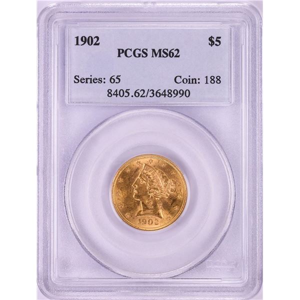 1902 $5 Liberty Head Half Eagle Gold Coin PCGS MS62