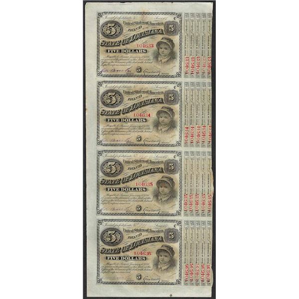 Uncut Sheet of (4) State of Louisiana Baby Bond Obsolete Notes