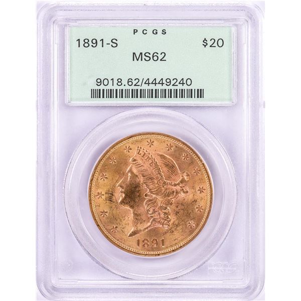 1891-S $20 Liberty Head Double Eagle Gold Coin PCGS MS62 Old Green Holder