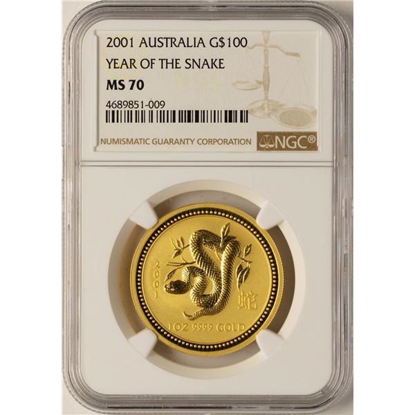 2001 Australia $100 Year of the Snake Gold Coin NGC MS70