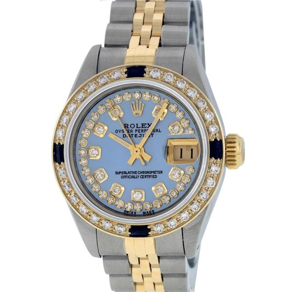 Rolex Ladies Two Tone Blue MOP Diamond & Sapphire Oyster Perpetual Datejust