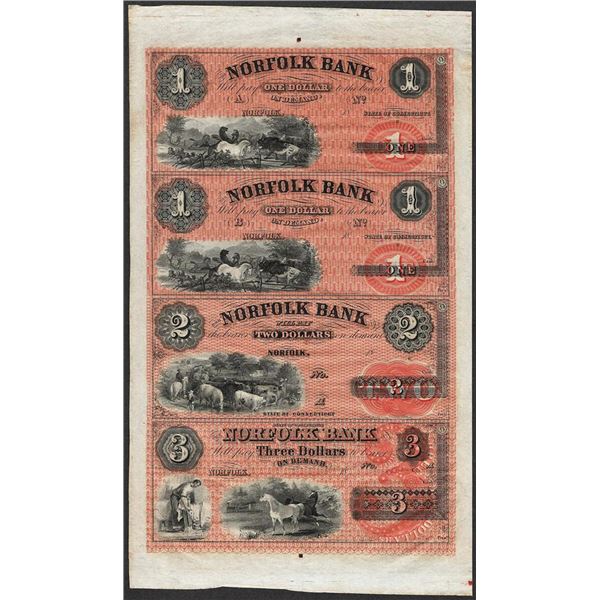 Uncut Sheet of 1800's $1/$1/$2/$3 Norfolk Bank, CT Obsolete Notes