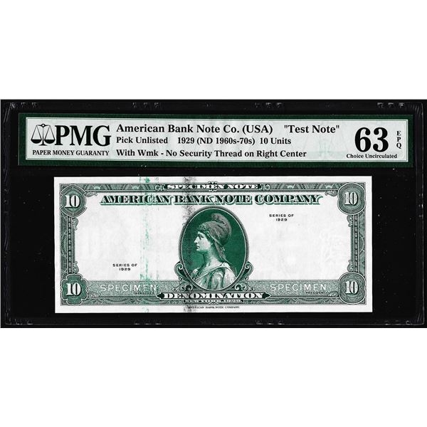 1929 10 Unit American Bank Note Co. "Test Note" PMG Choice Uncirculated 63EPQ