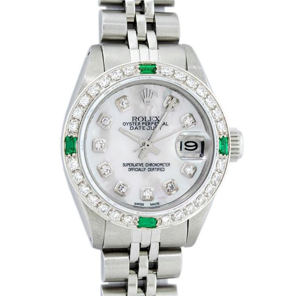 Rolex Ladies Stainless Steel Mother Of Pearl Diamond Emerald Datejust Wristwatch