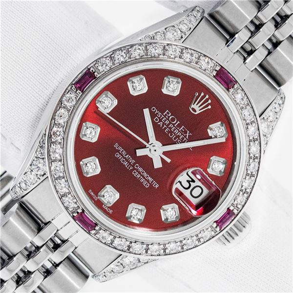 Rolex Ladies Stainless Steel Diamond & Ruby Datejust Wristwatch With Rolex Box