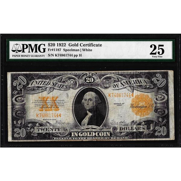 1922 $20 Gold Certificate Note Fr.1187 PMG Very Fine 25