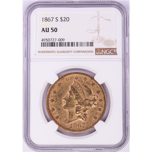 1867-S $20 Liberty Head Double Eagle Gold Coin NGC AU50