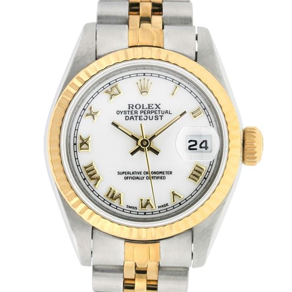 Rolex Ladies Two Tone White Roman Oyster Perpetual Datejust Wristwatch