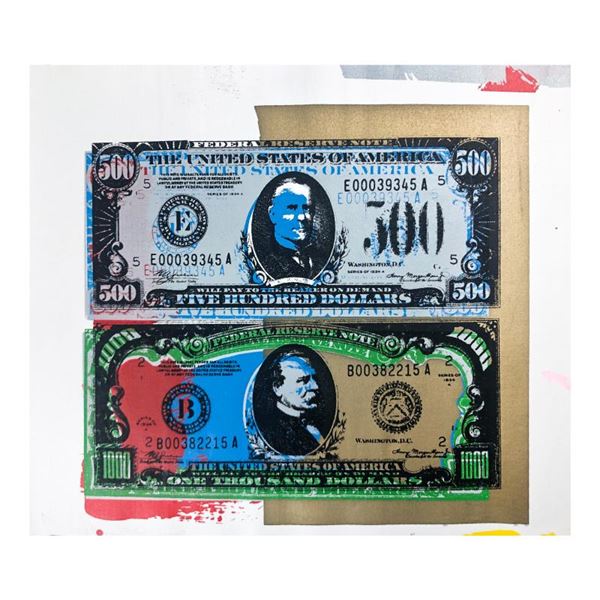 Steve Kaufman (1960-2010) "500 and 1000 Dollar Bills" Original Mixed Media on Canvas